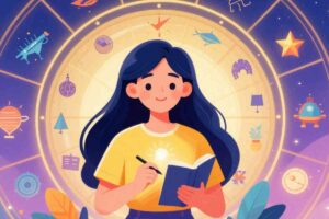 immagine grafica di ragazza che prende appunti e alle spalle numeri e simbologia varia