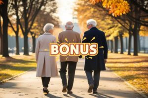 3 anziani che camminano in un parco e scritta bonus
